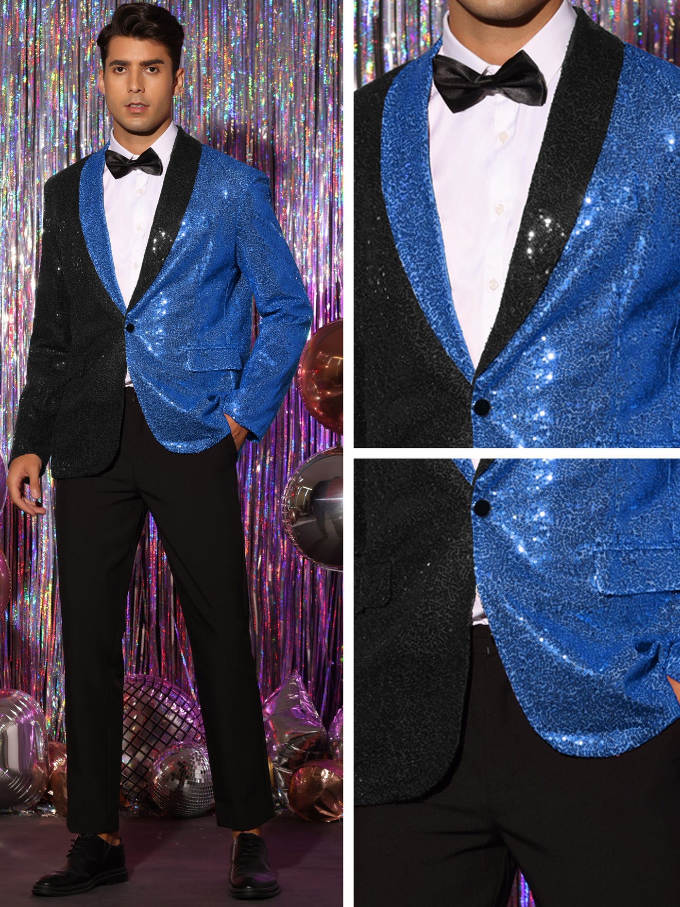 Bublédon Sequin Blazer for Men's Shawl Lapel Party Disco Shinny Color Block Sports Coats