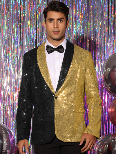 Sequin Blazer for Men's Shawl Lapel Party Disco Shinny Color Block Sports Coats