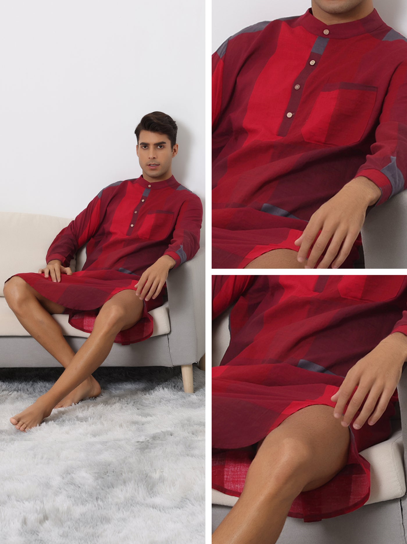 Bublédon Plaid Nightshirt for Men's Henley Collar Color Block Checked Pattern Sleepshirt
