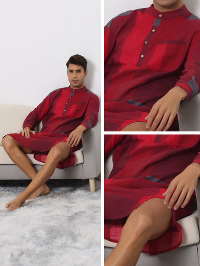 Plaid Nightshirt for Men's Henley Collar Color Block Checked Pattern Sleepshirt