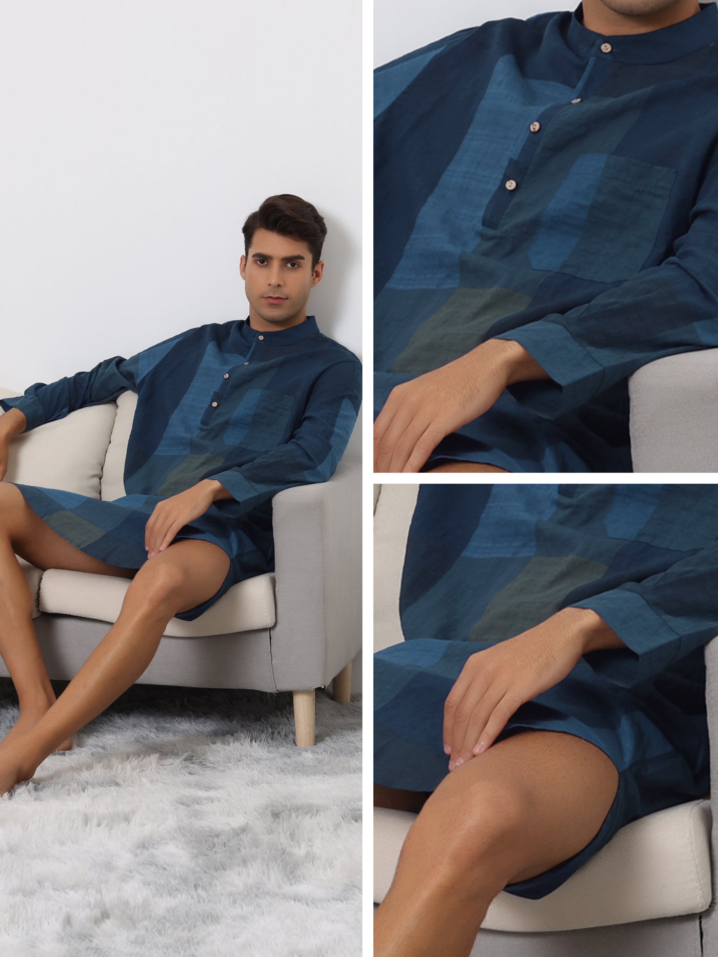 Bublédon Plaid Nightshirt for Men's Henley Collar Color Block Checked Pattern Sleepshirt