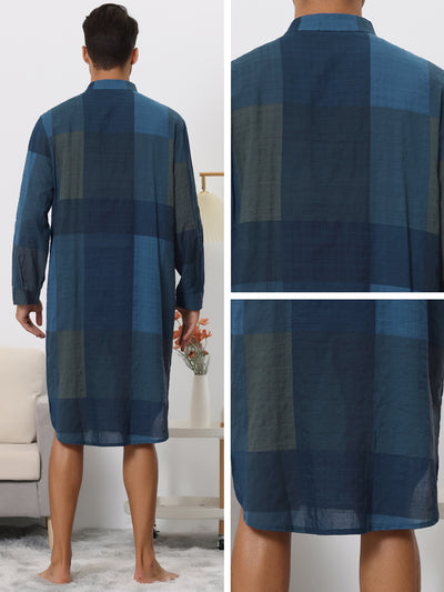 Plaid Nightshirt for Men's Henley Collar Color Block Checked Pattern Sleepshirt