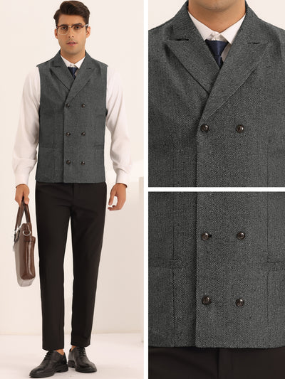 Herringbone Suit Vests for Men's Peak Collar Double Breasted Business Waistcoat