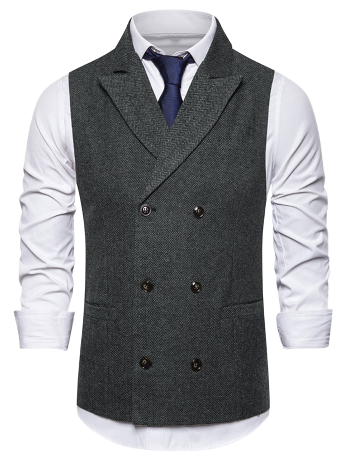 Bublédon Herringbone Suit Vests for Men's Peak Collar Double Breasted Business Waistcoat