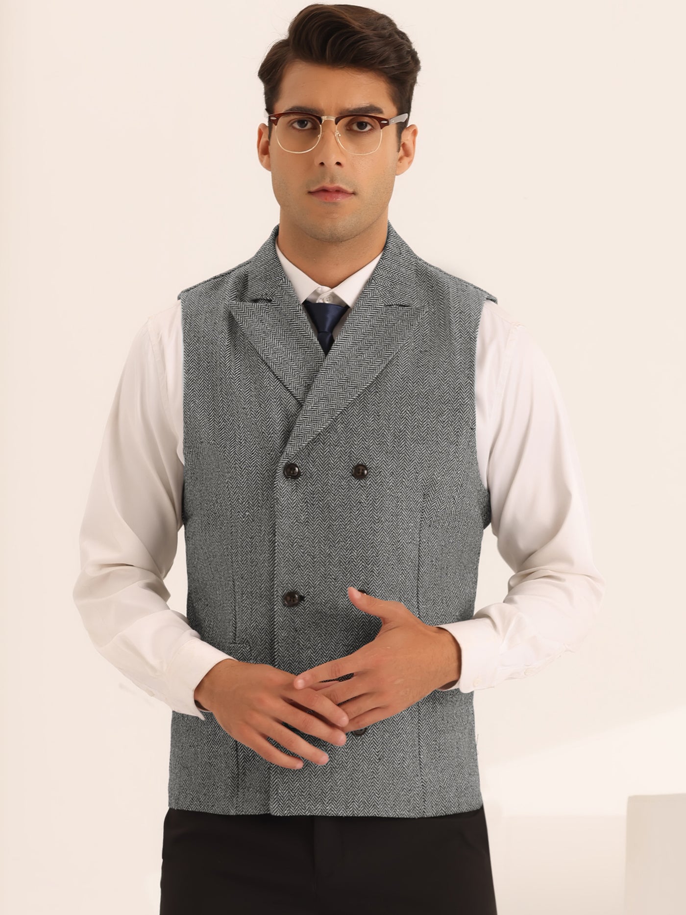 Bublédon Herringbone Suit Vests for Men's Peak Collar Double Breasted Business Waistcoat