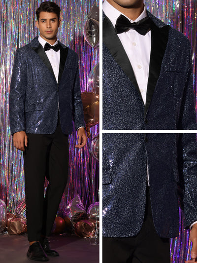 Sequin Blazer for Men's Peak Lapel Color Block Shiny Sparkle Sports Coat