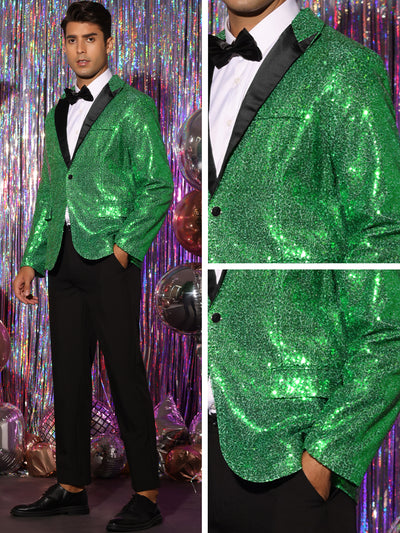 Sequin Blazer for Men's Peak Lapel Color Block Shiny Sparkle Sports Coat