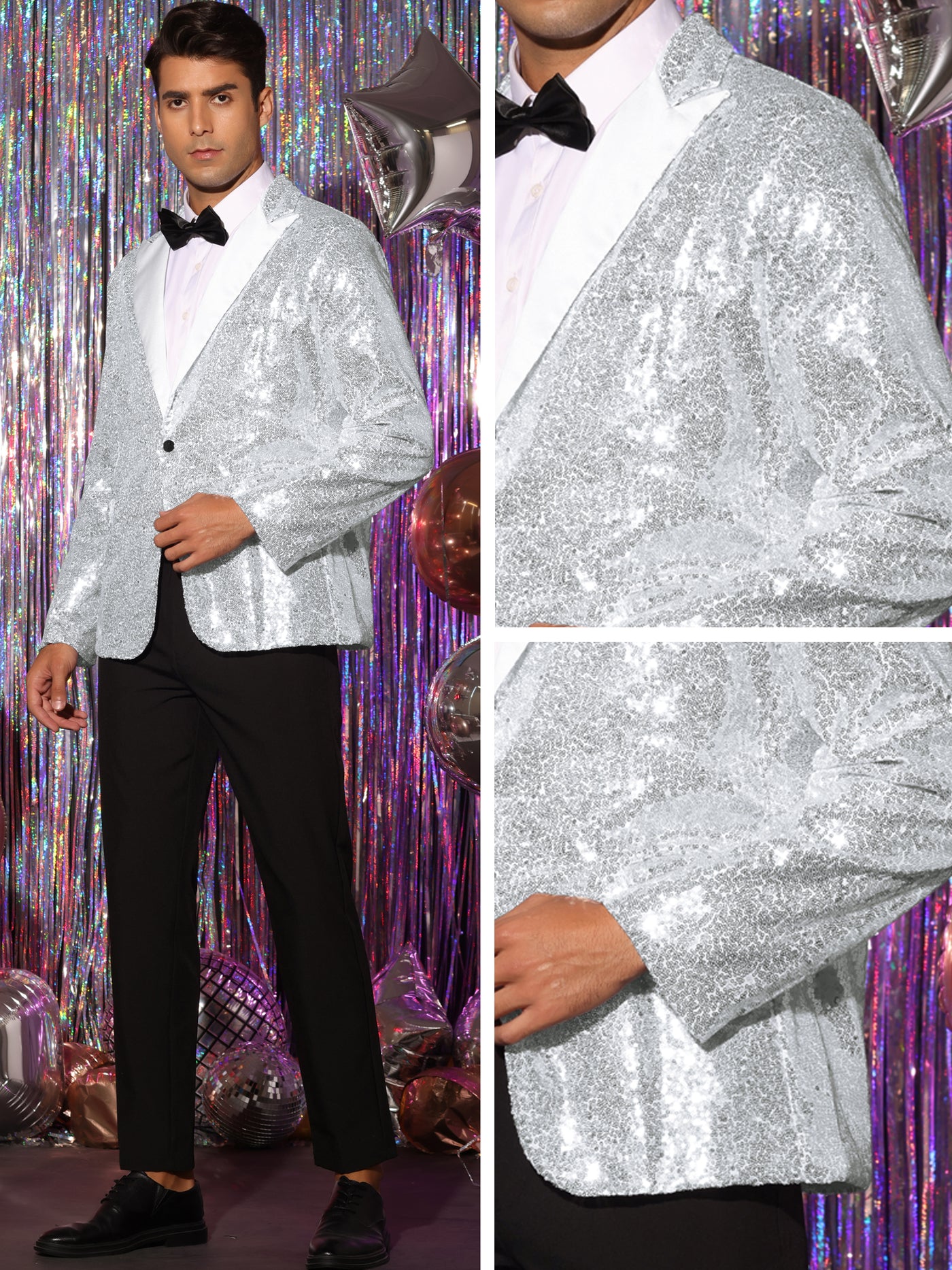 Bublédon Sequin Blazer for Men's Peak Lapel Color Block Shiny Sparkle Sports Coat