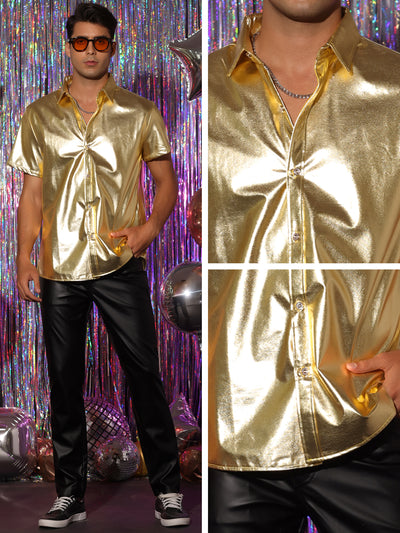 Men's Metallic Short Sleeves Button Down Party Shiny Dress Shirt