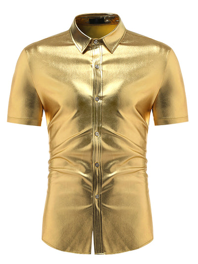 Men's Metallic Short Sleeves Button Down Party Shiny Dress Shirt
