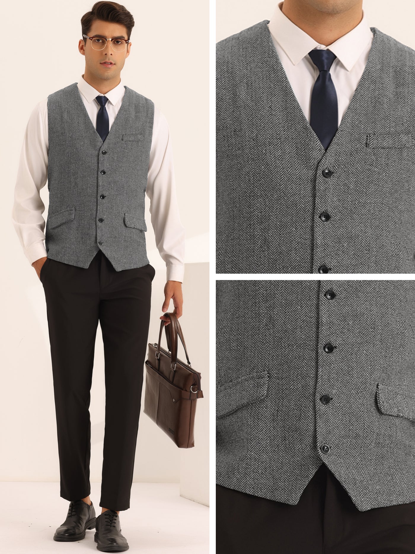 Bublédon Herringbone Waistcoat for Men's Slim Fit Single Breasted Business Dress Vest