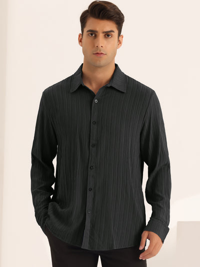 Texture Dress Shirts for Men's Button Closure Long Sleeves Formal Pleats Shirt