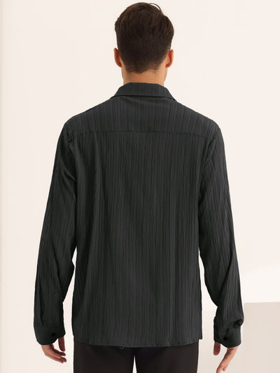 Texture Dress Shirts for Men's Button Closure Long Sleeves Formal Pleats Shirt