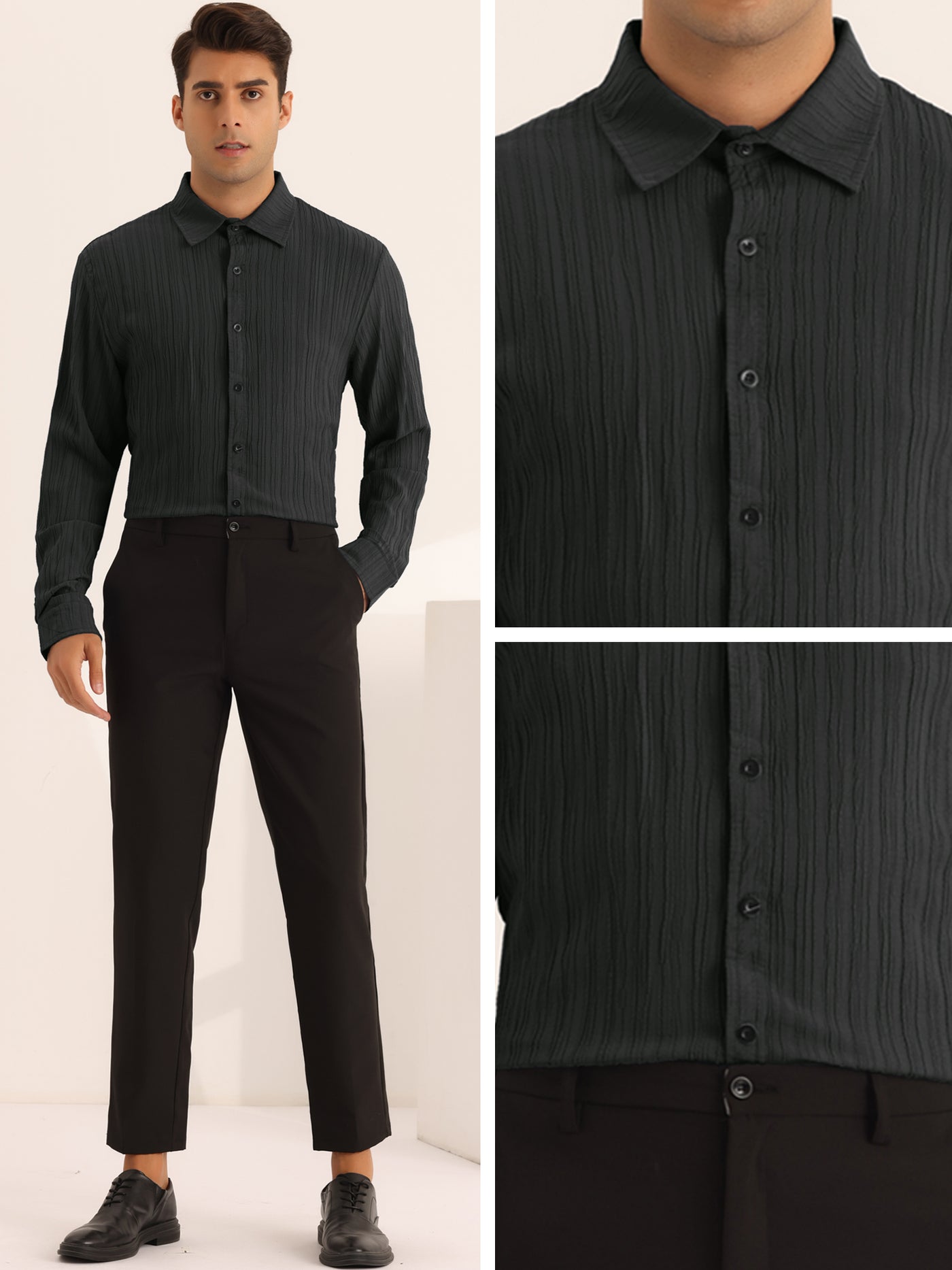 Bublédon Texture Dress Shirts for Men's Button Closure Long Sleeves Formal Pleats Shirt