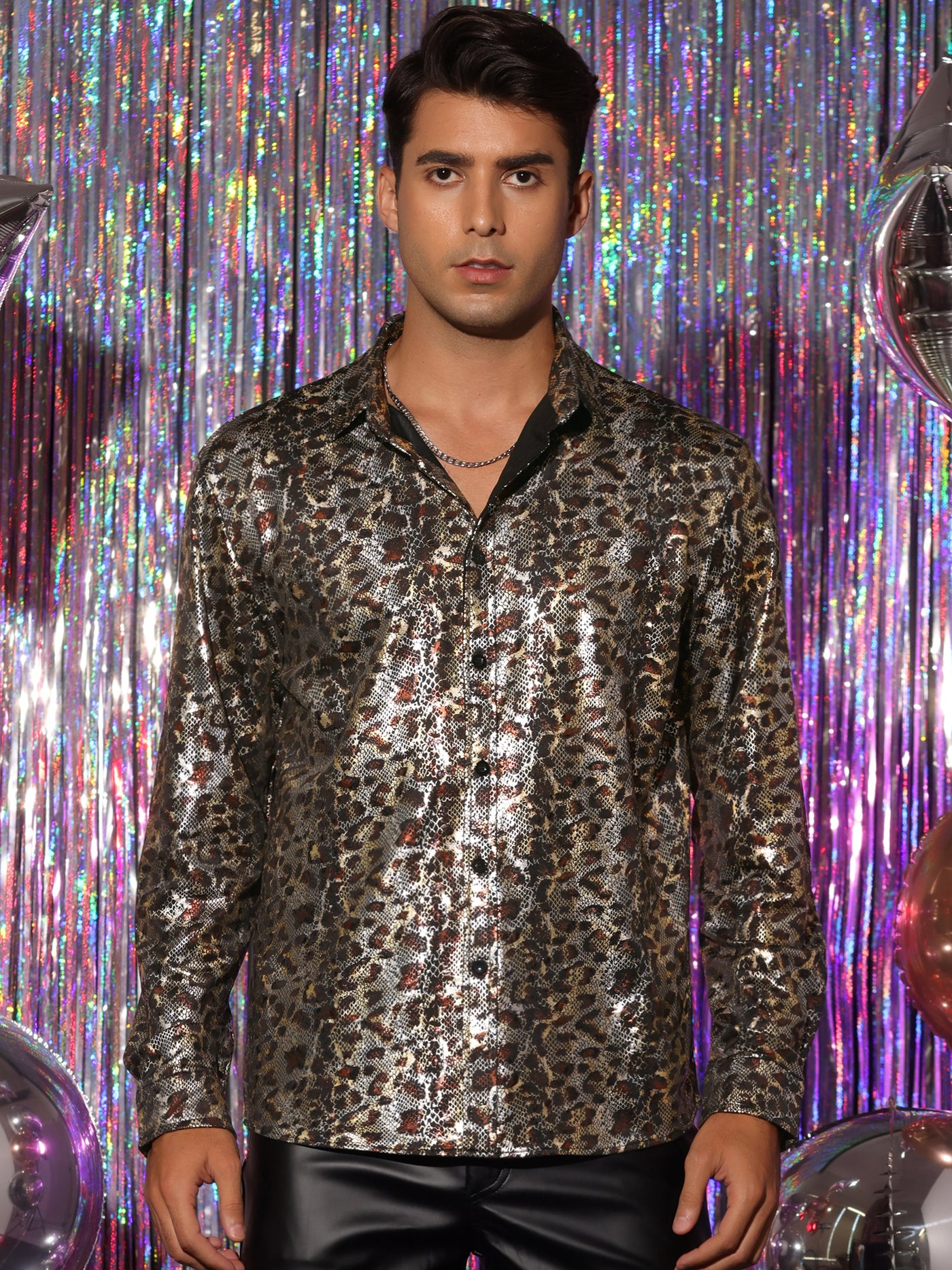 Bublédon Leopard Pattern Shirts for Men's Long Sleeves Disco Party Shiny Printed Shirt