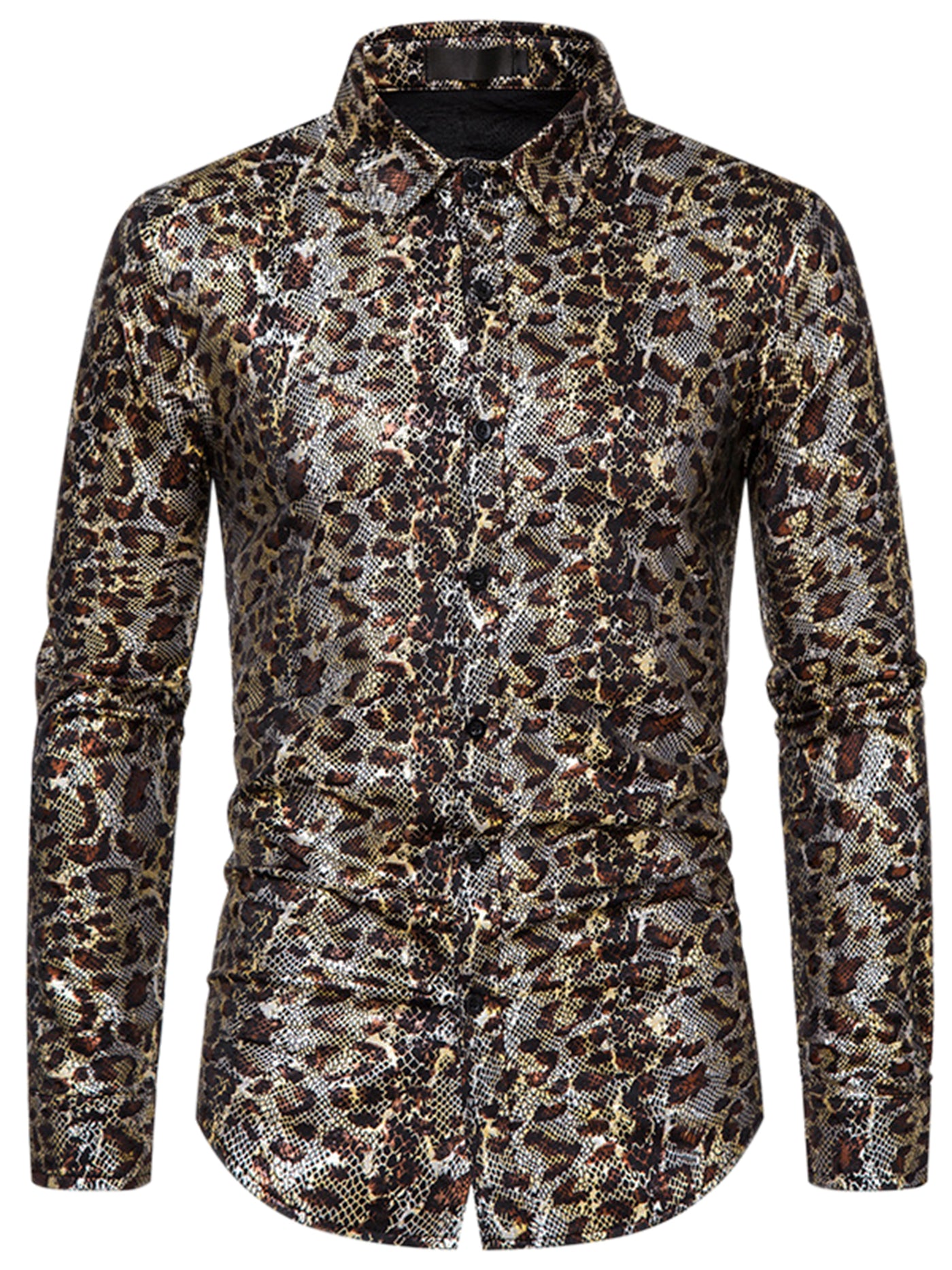Bublédon Leopard Pattern Shirts for Men's Long Sleeves Disco Party Shiny Printed Shirt