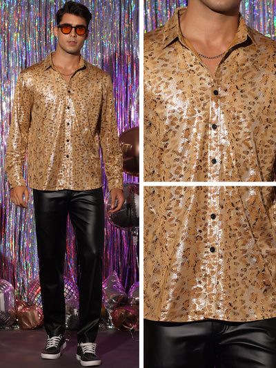 Leopard Pattern Shirts for Men's Long Sleeves Disco Party Shiny Printed Shirt