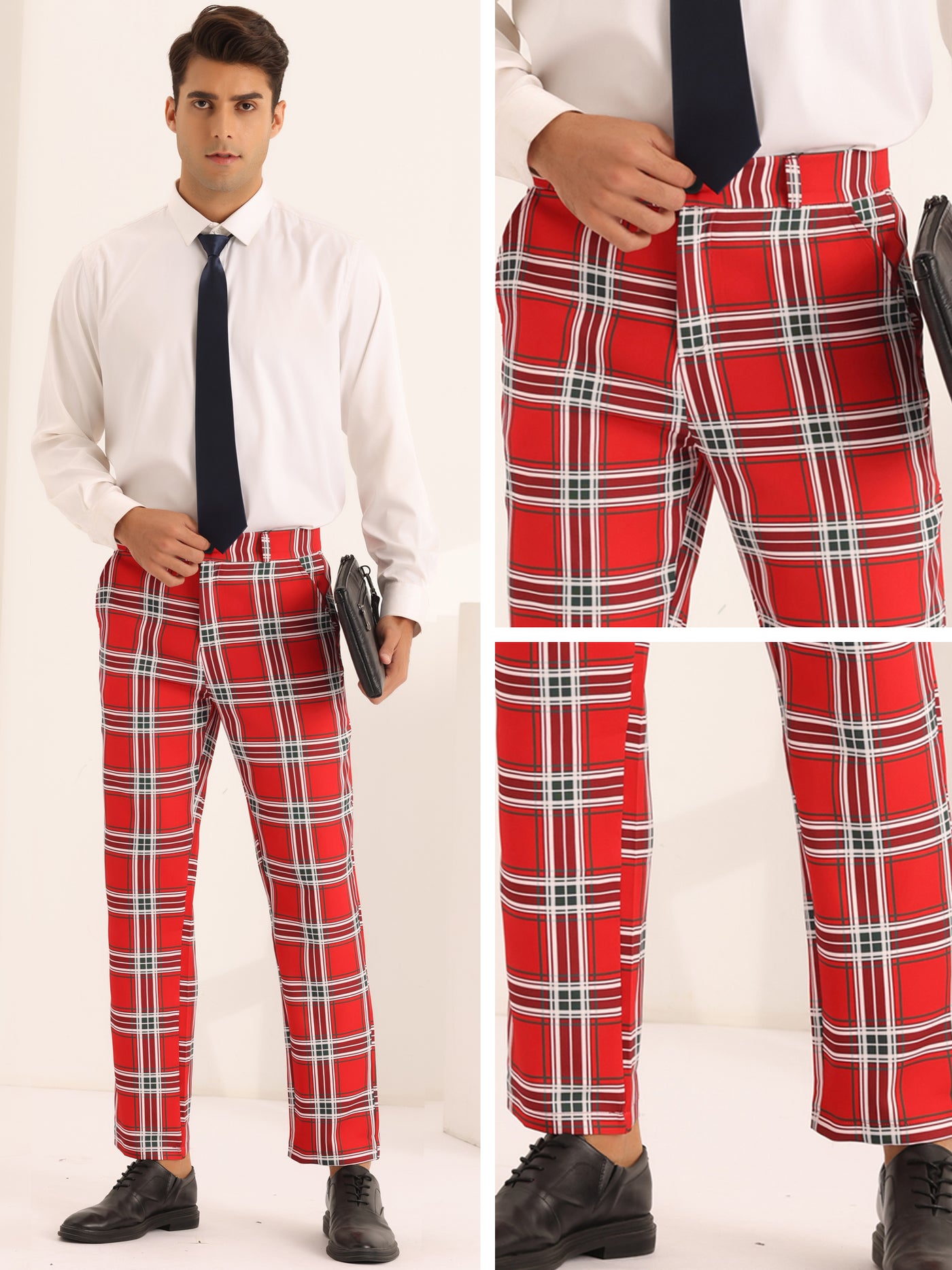 Bublédon Business Plaid Pants for Men's Slim Fit Flat Front Wedding Checked Trousers