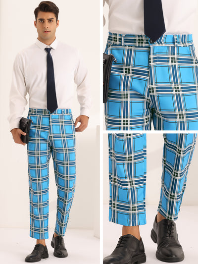 Business Plaid Pants for Men's Slim Fit Flat Front Wedding Checked Trousers