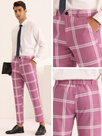 Plaid Trousers for Men's Color Block Slim Fit Flat Front Checked Dress Pants