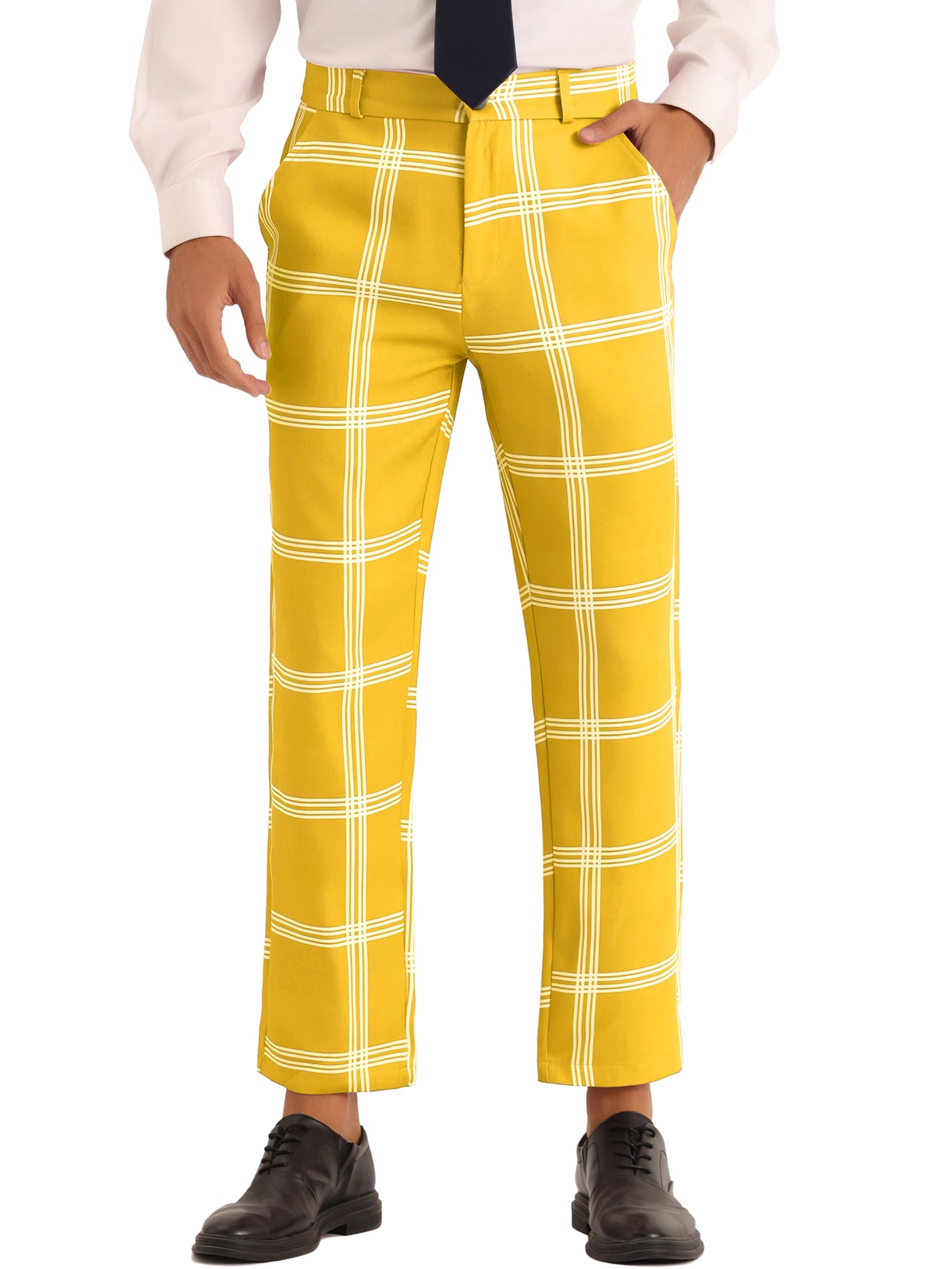 Bublédon Plaid Trousers for Men's Color Block Slim Fit Flat Front Checked Dress Pants