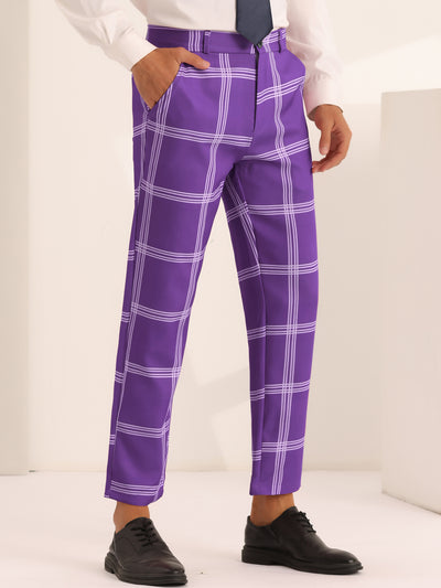 Bublédon Plaid Trousers for Men's Color Block Slim Fit Flat Front Checked Dress Pants