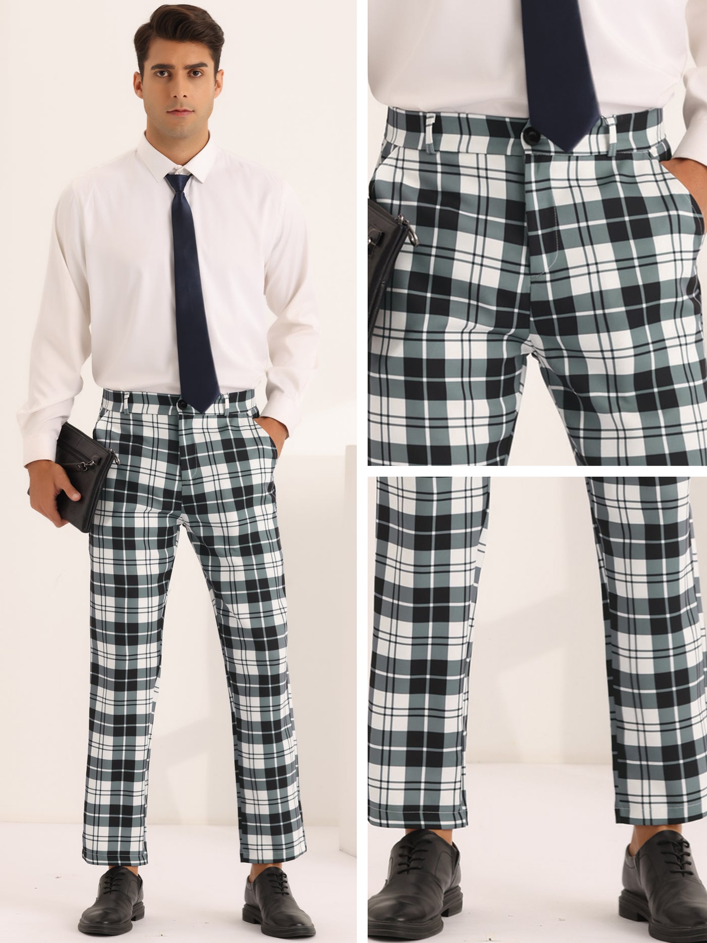 Bublédon Plaid Dress Pants for Men's Slim Fit Flat Front Business Checked Suit Trousers