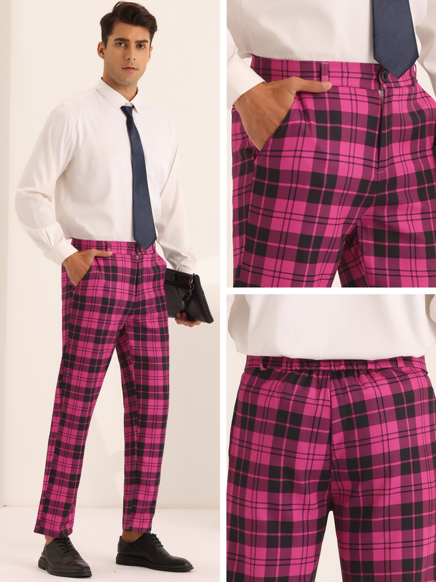 Bublédon Plaid Dress Pants for Men's Slim Fit Flat Front Business Checked Suit Trousers