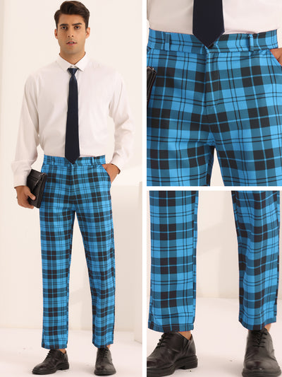 Plaid Dress Pants for Men's Slim Fit Flat Front Business Checked Suit Trousers