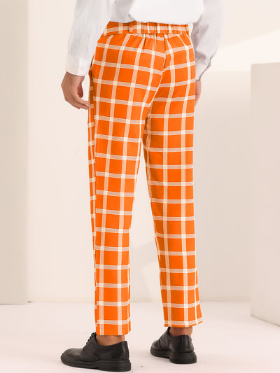 Plaid Pattern Pants for Men's Slim Fit Flat Front Work Office Checked Trousers