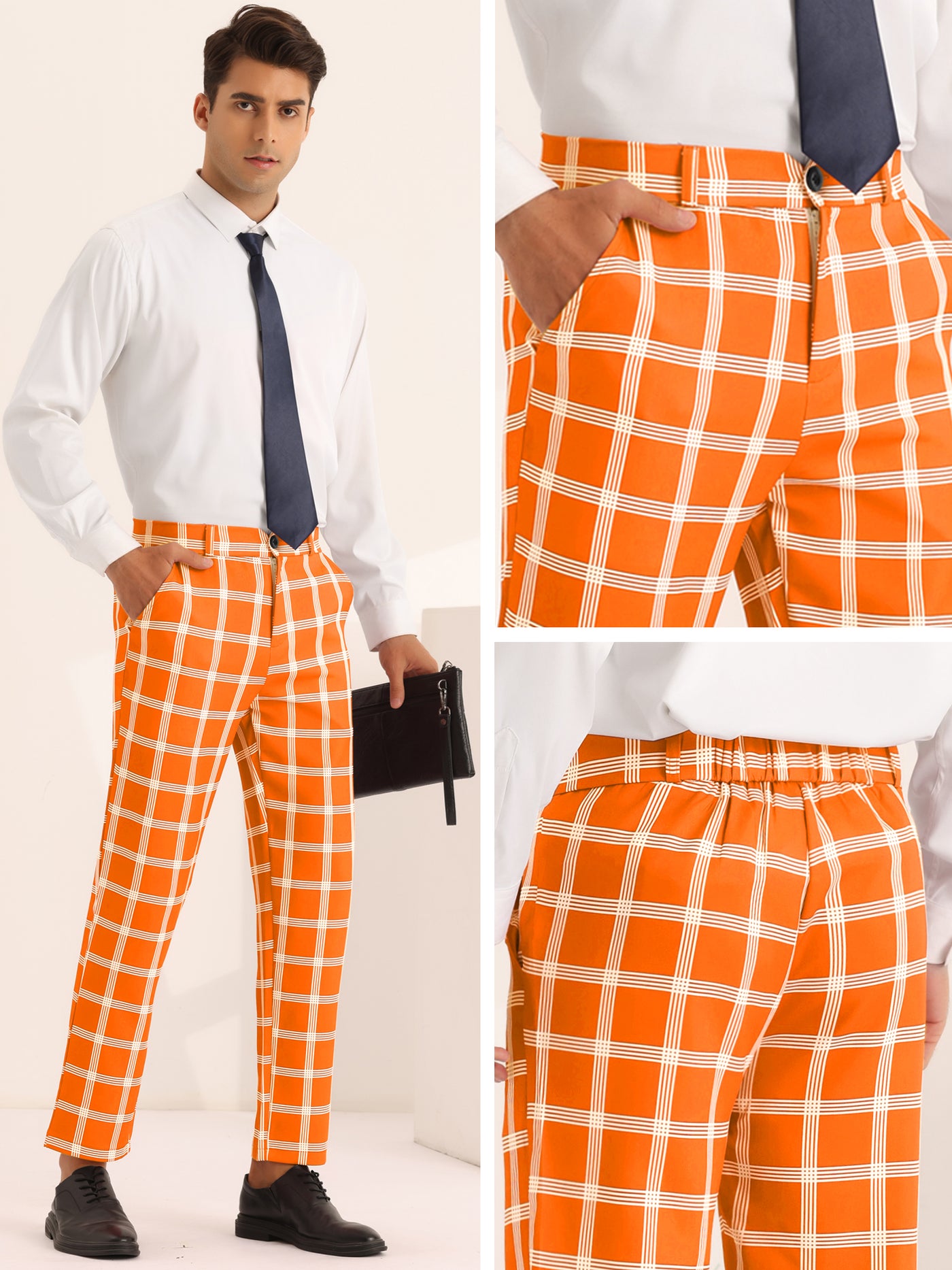 Bublédon Plaid Pattern Pants for Men's Slim Fit Flat Front Work Office Checked Trousers