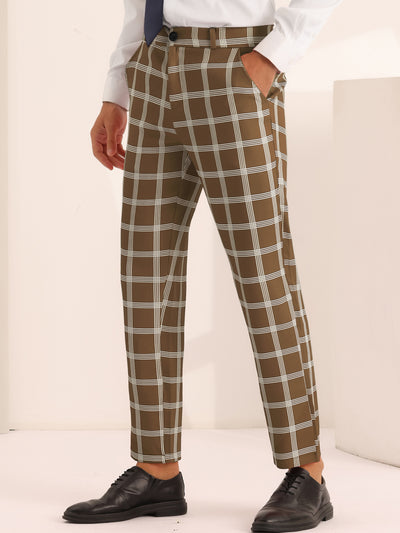 Plaid Pattern Pants for Men's Slim Fit Flat Front Work Office Checked Trousers