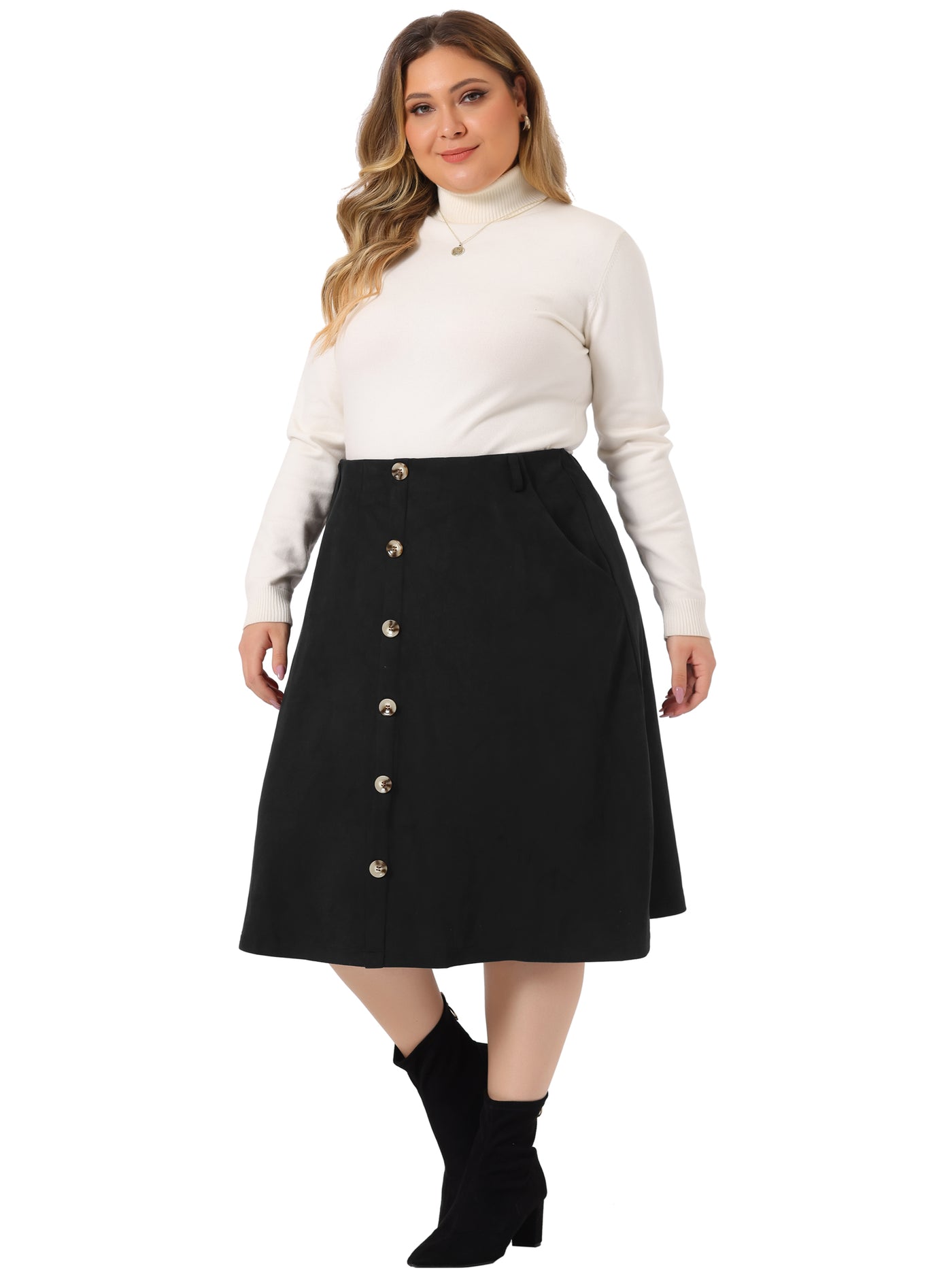 Bublédon Faux Suede Skirt Knee Length for Women Plus Size Elastic Waist Flared Stretch a Line Midi Skirts