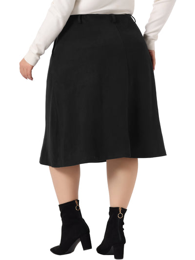 Faux Suede Skirt Knee Length for Women Plus Size Elastic Waist Flared Stretch a Line Midi Skirts