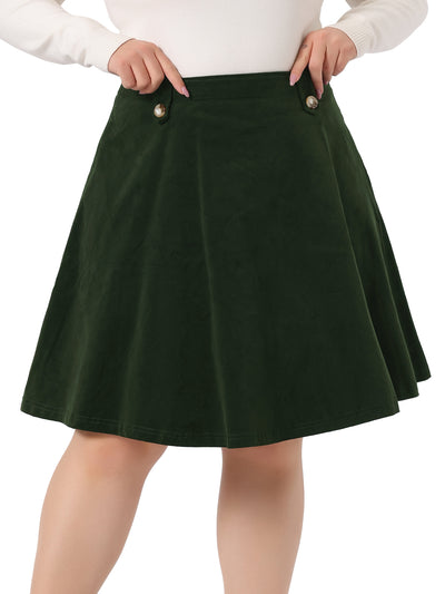 A Line Woven Elastic Waist Button Decor Skirt