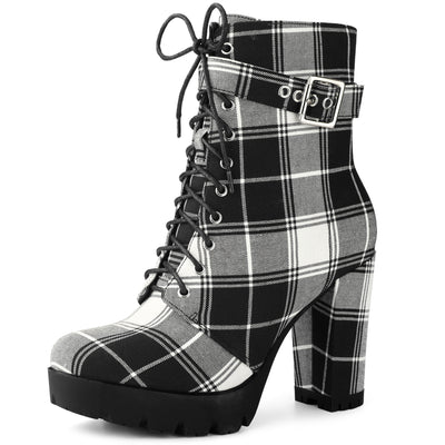 Perphy Platform Lace Up Chunky Heel Plaid Printing Ankle Boots for Women