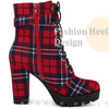 Perphy Platform Lace Up Chunky Heel Plaid Printing Ankle Boots for Women