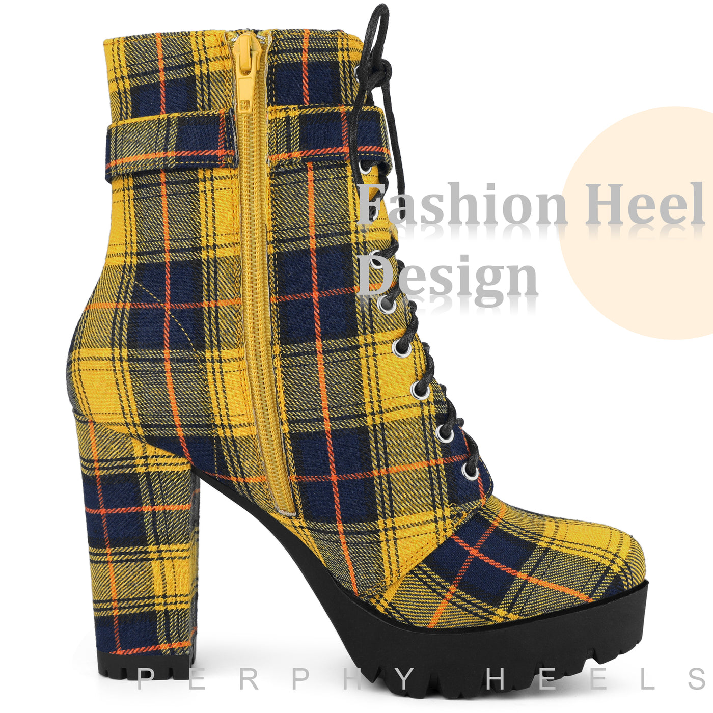 Bublédon Perphy Platform Lace Up Chunky Heel Plaid Printing Ankle Boots for Women