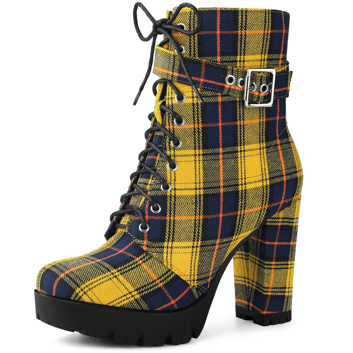Bublédon Perphy Platform Lace Up Chunky Heel Plaid Printing Ankle Boots for Women