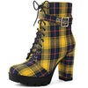 Perphy Platform Lace Up Chunky Heel Plaid Printing Ankle Boots for Women