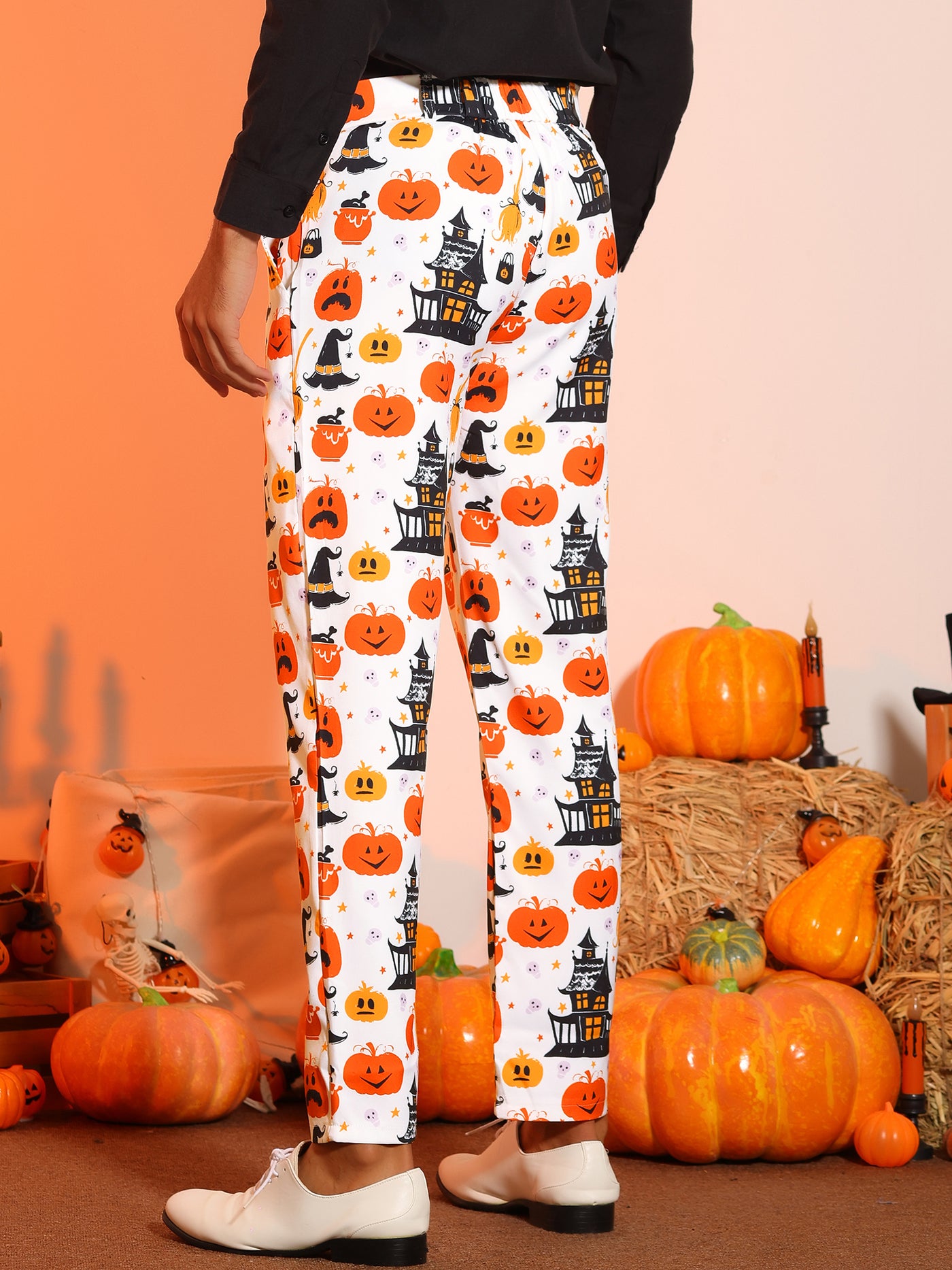 Bublédon Halloween Printed Pants for Men's Flat Front Cosplay Costume Funny Party Trousers