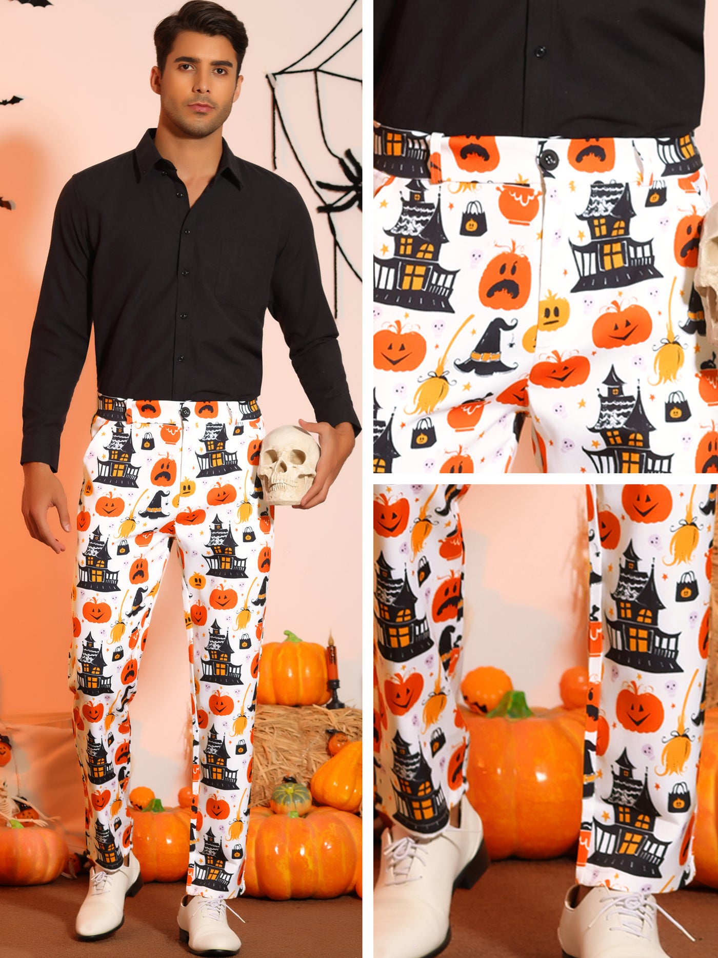 Bublédon Halloween Printed Pants for Men's Flat Front Cosplay Costume Funny Party Trousers