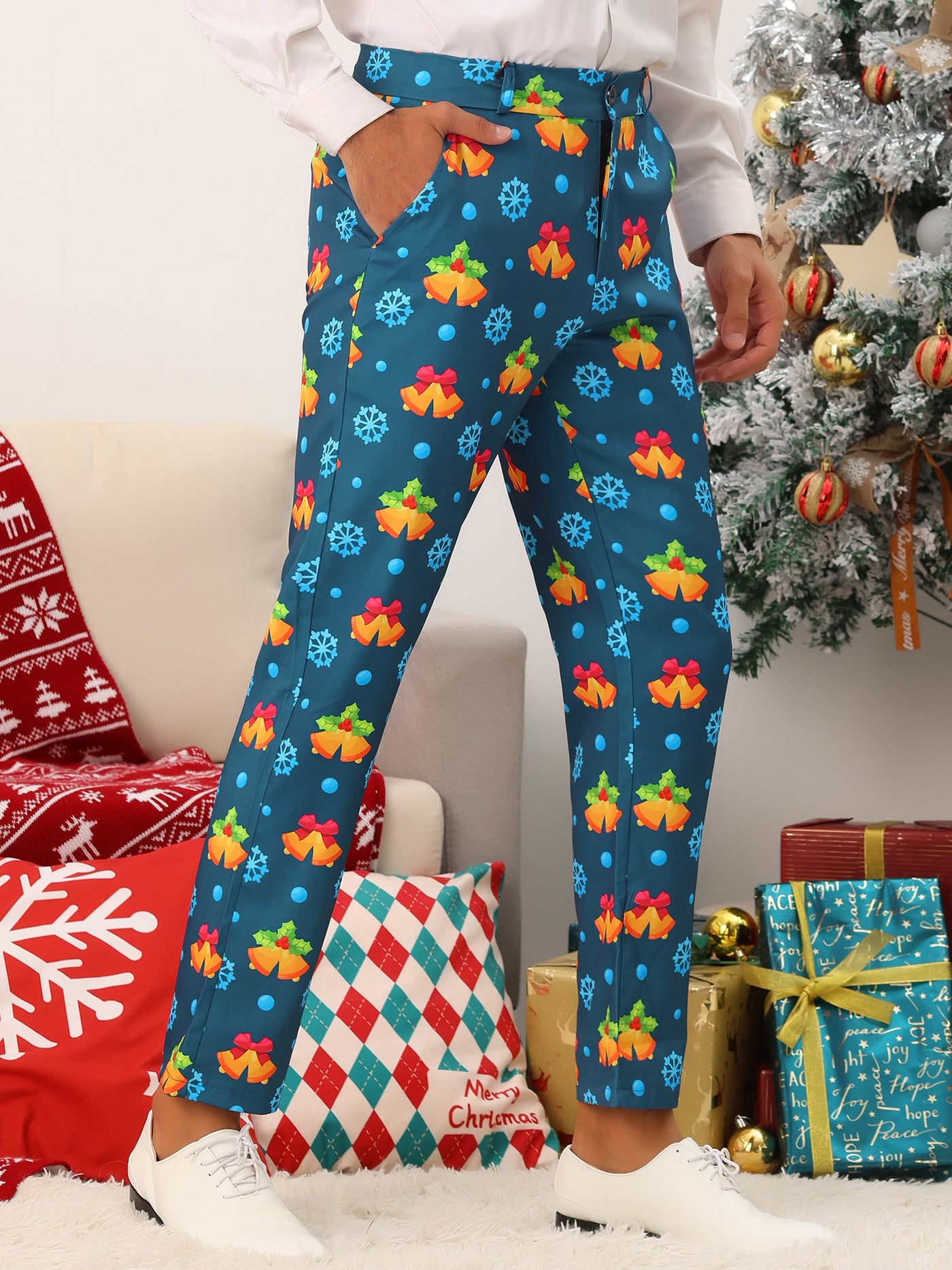 Bublédon Printed Pants for Men's Flat Front Funny Party Costume Christmas Trousers