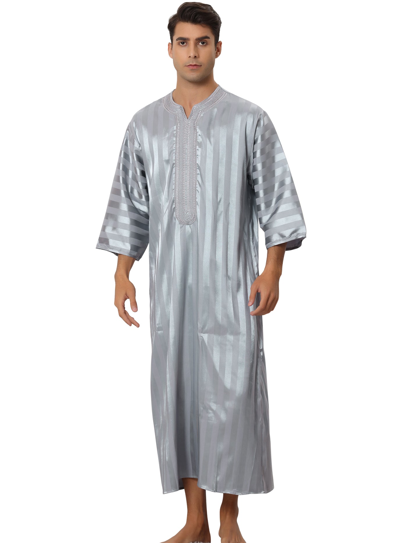 Bublédon Satin Striped Nightshirts for Men's 3/4 Sleeves V Neck Comfy Pajamas Sleepwear