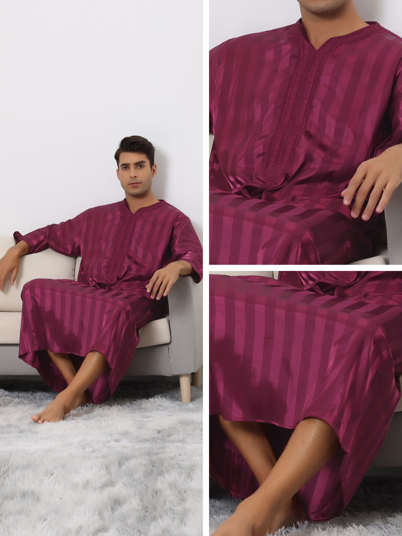 Bublédon Satin Striped Nightshirts for Men's 3/4 Sleeves V Neck Comfy Pajamas Sleepwear