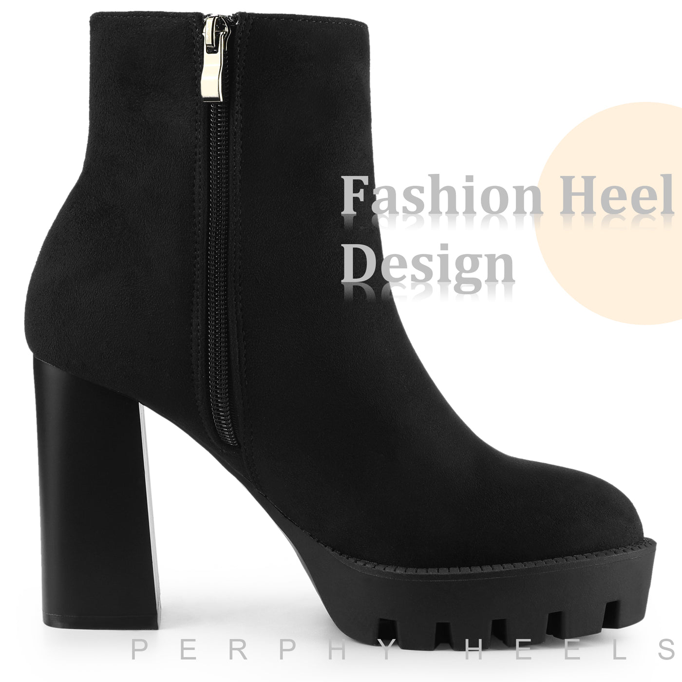 Bublédon Perphy Round Toe Side Zip Chunky Heels Ankle Boots for Women