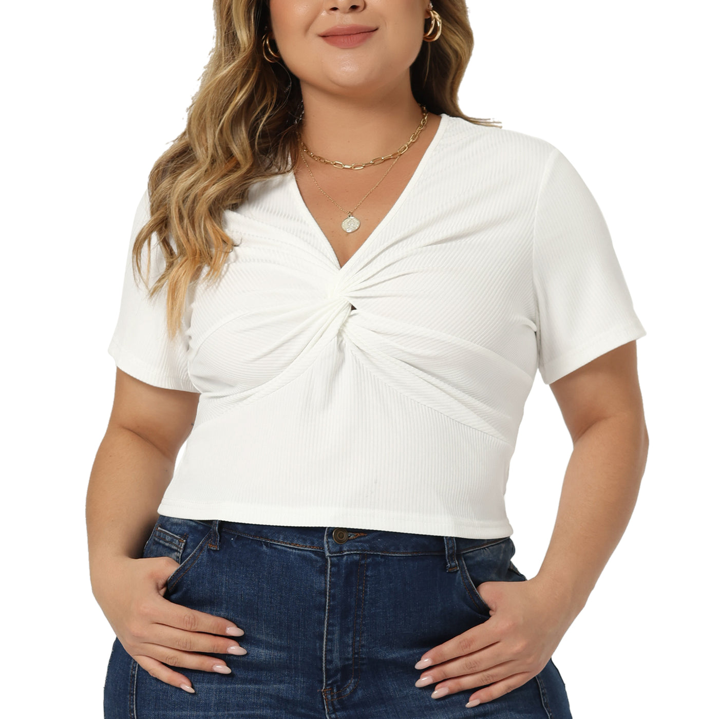 Bublédon Plus Size Blouse for Women Twist Front V Neck Ribbed Short Sleeve Casual Solid Tops