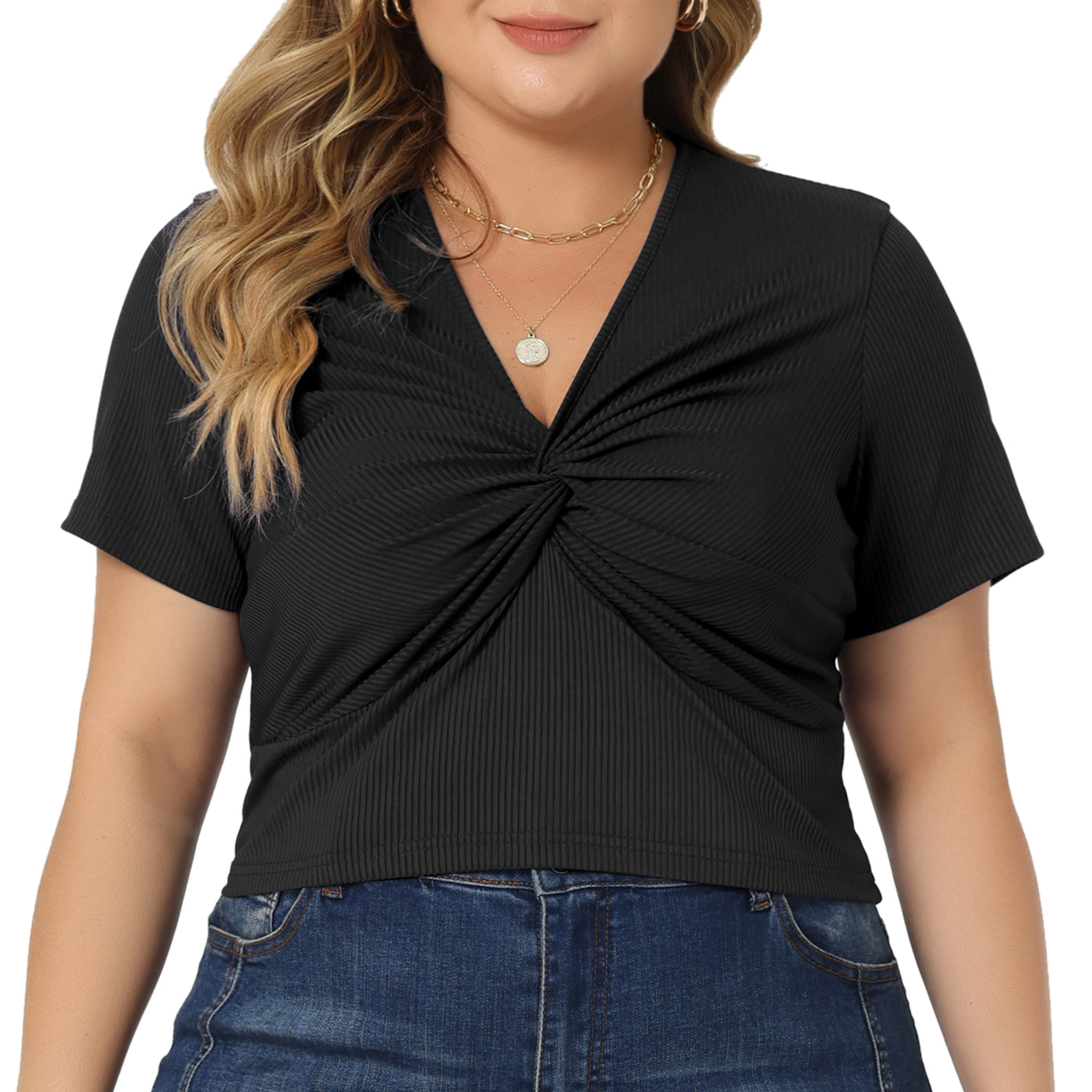 Bublédon Plus Size Blouse for Women Twist Front V Neck Ribbed Short Sleeve Casual Solid Tops