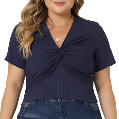 Plus Size Blouse for Women Twist Front V Neck Ribbed Short Sleeve Casual Solid Tops