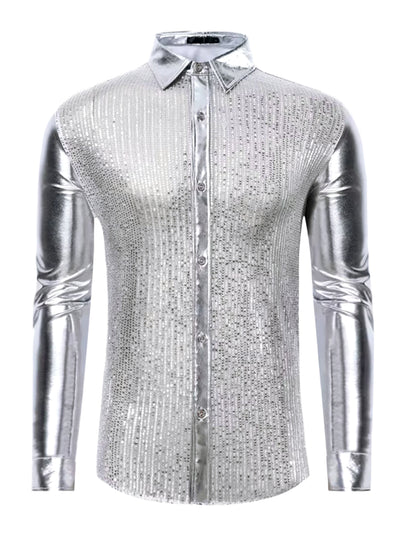 Shiny Sequins Shirt for Men's Disco Party Long Sleeves Button Down Metallic Shirts